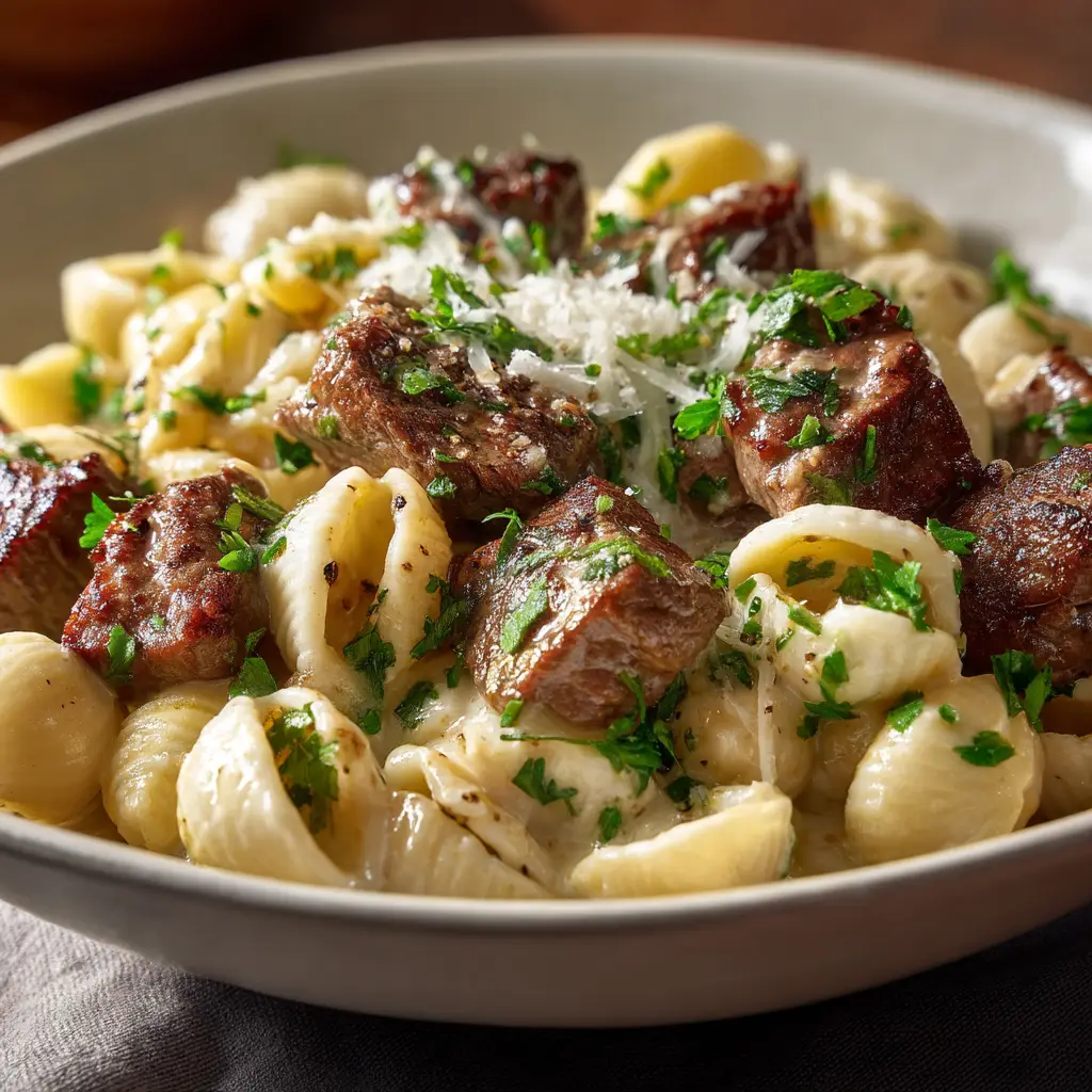 A close-up shot of garlic butter steak bites being tossed with shell pasta in a creamy parmesan sauce inside a skillet.