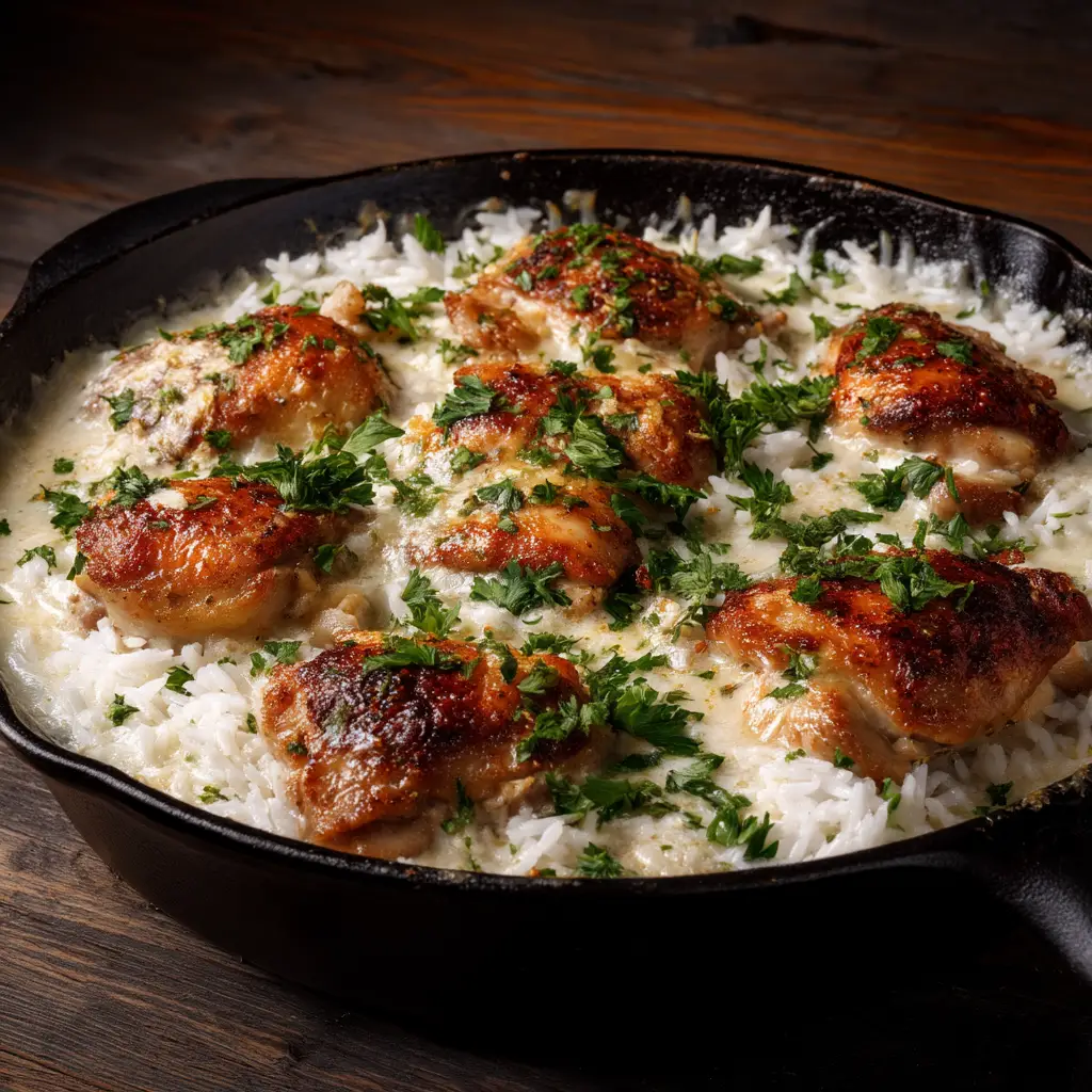 A delicious serving of garlic parmesan chicken and rice on a plate, ready to eat.