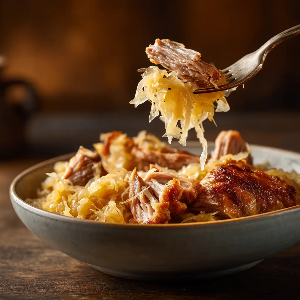 Pork And Sauerkraut Recipe (The Ultimate Guide) 2 A fork lifting a tender piece of German-style pork roast and sauerkraut from a white plate, showcasing the texture of the dish.