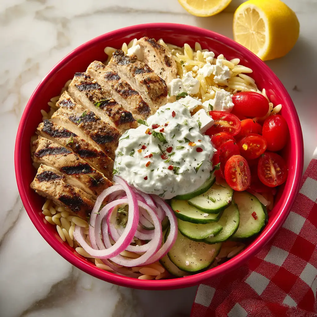 The ingredients for the Greek chicken bowls laid out on a wooden surface, including chicken in marinade, quinoa, and fresh vegetables.