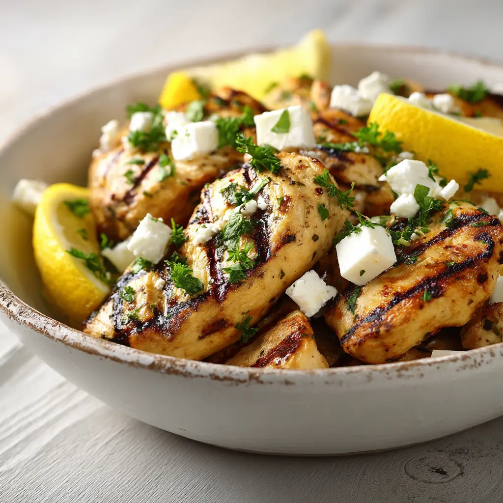 A close-up shot of Greek chicken marinade ingredients—olive oil, lemon, garlic, and oregano—in a bowl, ready to be whisked.
