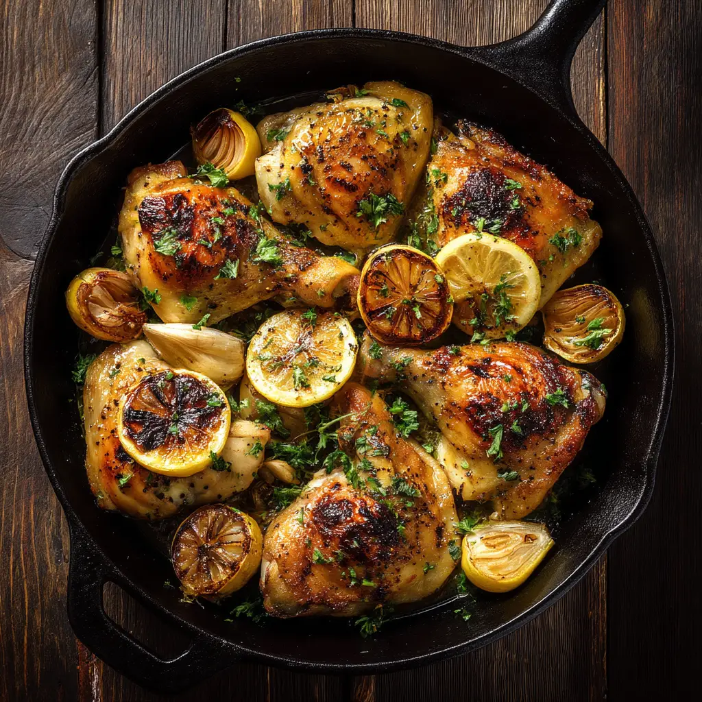 A serving of Greek lemon chicken on a plate next to a fork, highlighting the tender meat and roasted potatoes ready to be eaten.