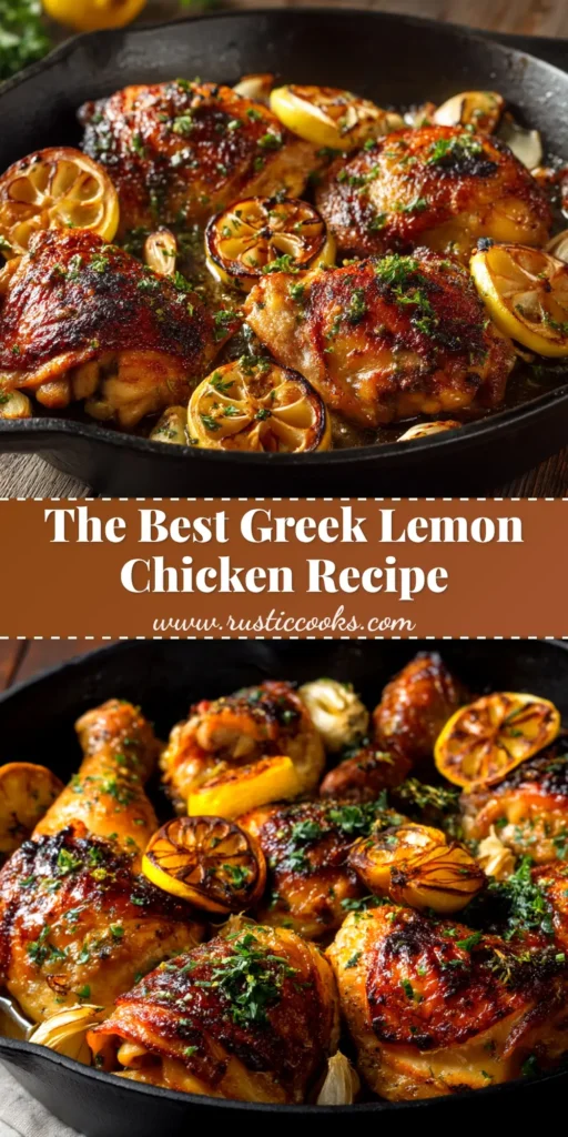 A sharable pin image of juicy, golden Greek Lemon Chicken with roasted potatoes, garnished with fresh herbs. The perfect one-pan recipe for a flavorful dinner.