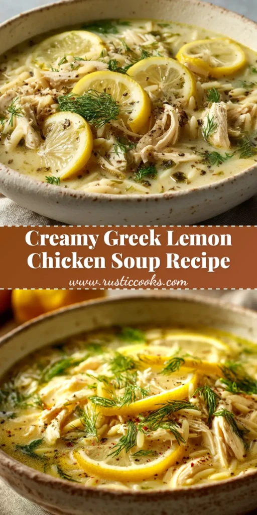 Greek Lemon Chicken Soup (Authentic Avgolemono) 4 A vertical pin image showing a bowl of creamy Greek Lemon Chicken Soup, garnished with fresh dill. Text overlay reads 'Authentic Greek Lemon Chicken Soup (Avgolemono)'.