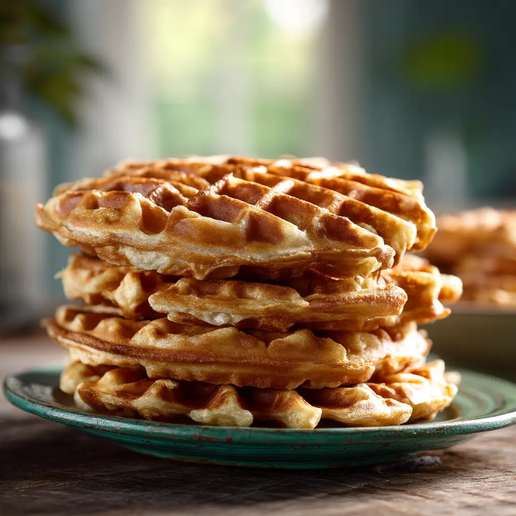 A tall stack of fluffy, golden-brown high-protein waffles made with cottage cheese, ready to be served for a healthy breakfast.