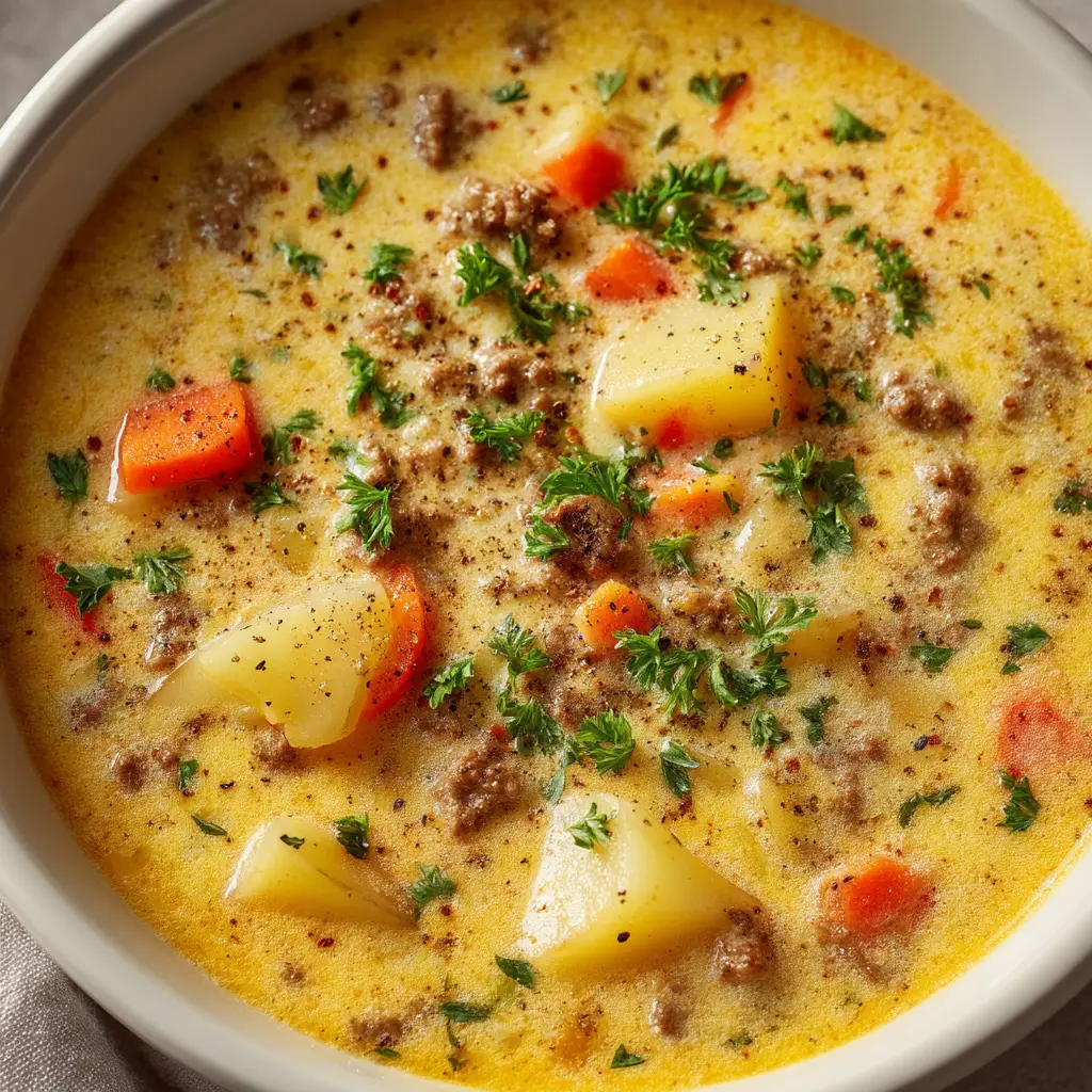 Cheesy Hamburger Potato Soup (The Ultimate One-Pot Recipe) 1 A bowl of hearty cheeseburger soup topped with extra shredded cheddar cheese and fresh parsley, ready to be eaten.