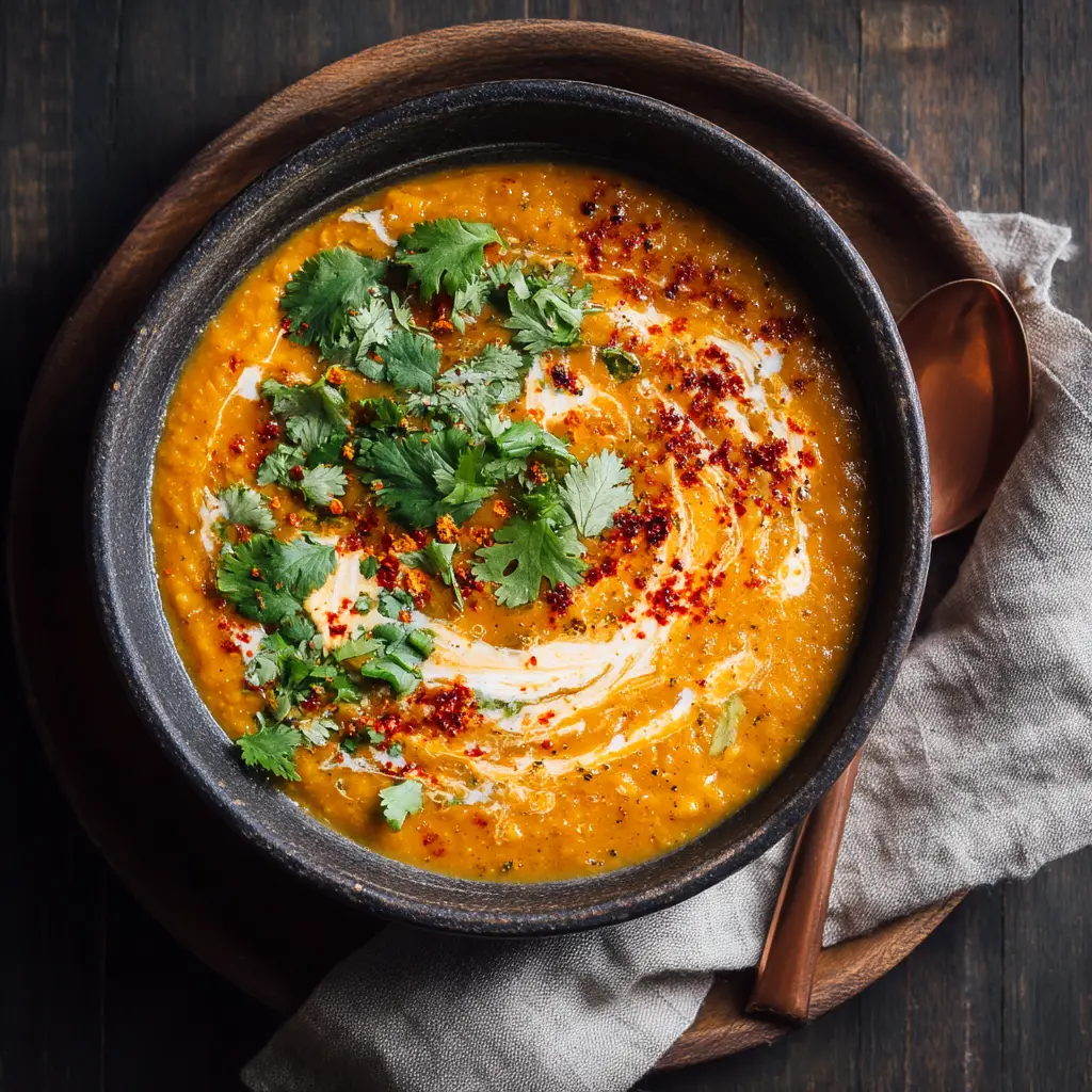 A close-up shot of rich and thick orange red lentil soup in a white bowl, garnished with fresh herbs. The texture of the healthy soup is clearly visible.