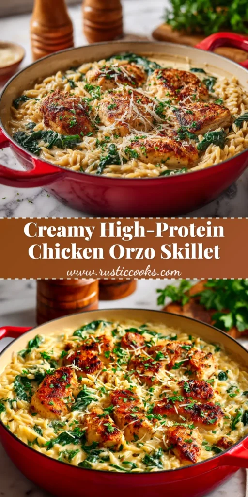 A top-down shot of a skillet filled with creamy high protein chicken orzo, garnished with fresh parsley.