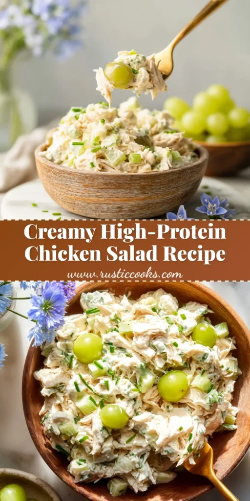 A delicious and creamy High Protein Chicken Salad in a white bowl, garnished with fresh herbs. The perfect healthy lunch recipe.