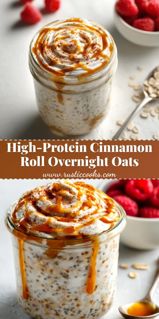High Protein Cinnamon Roll Overnight Oats (The Best!) 3 A jar of high protein cinnamon roll overnight oats with a creamy topping and a sprinkle of cinnamon, ready to be eaten.