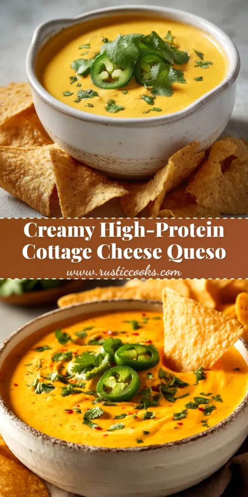 High Protein Cottage Cheese Queso (The Ultimate Healthy Dip) 4 A vibrant bowl of high protein cottage cheese queso, garnished with fresh cilantro and served with tortilla chips for dipping.