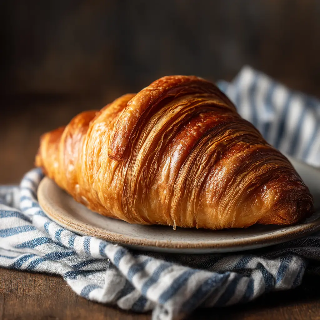 A cross-section of a homemade croissant revealing the airy, honeycomb interior, a key result of our successful recipe.