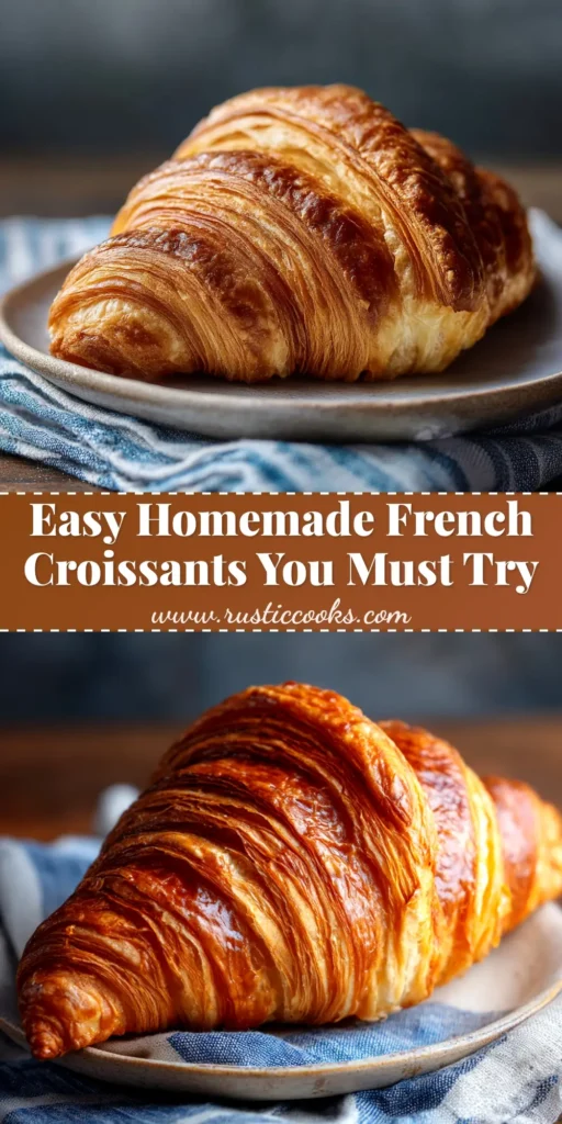 A detailed pin image for a Homemade French Croissant Recipe, showing golden-brown, flaky croissants on a cooling rack with step-by-step process photos.
