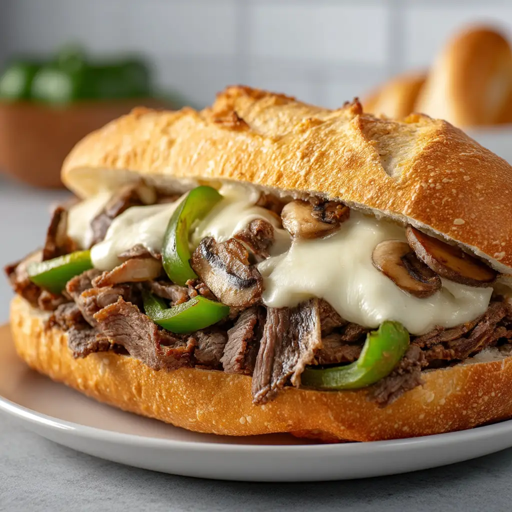 A close-up of a homemade philly cheesesteak sandwich on a wooden board. The melted provolone cheese is visible over the tender shaved steak.