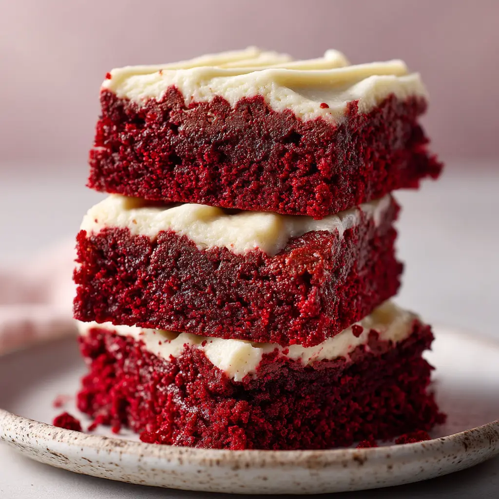 A stack of three homemade red velvet brownies with cream cheese frosting, showcasing their chewy and fudgy texture.