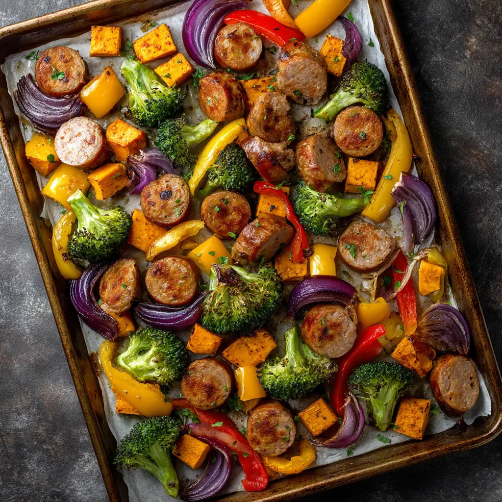 Sheet Pan Chicken Sausage and Veggies: The Perfect Weeknight Dinner 1 A close-up of sheet pan chicken sausage and veggies being tossed with seasoning before roasting. Shows the preparation for this one-pan recipe.