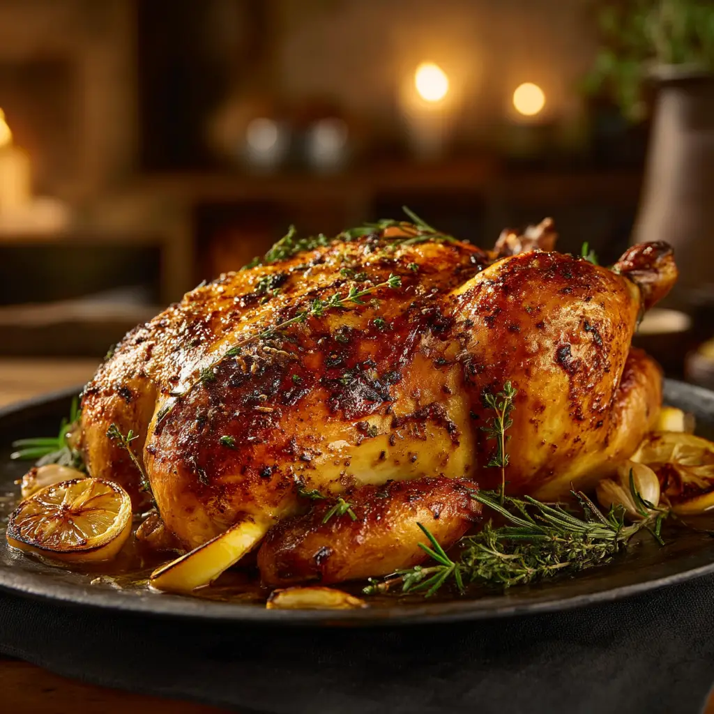A beautiful whole raw chicken being prepared for roasting, stuffed with lemon and herbs in a rustic kitchen setting.