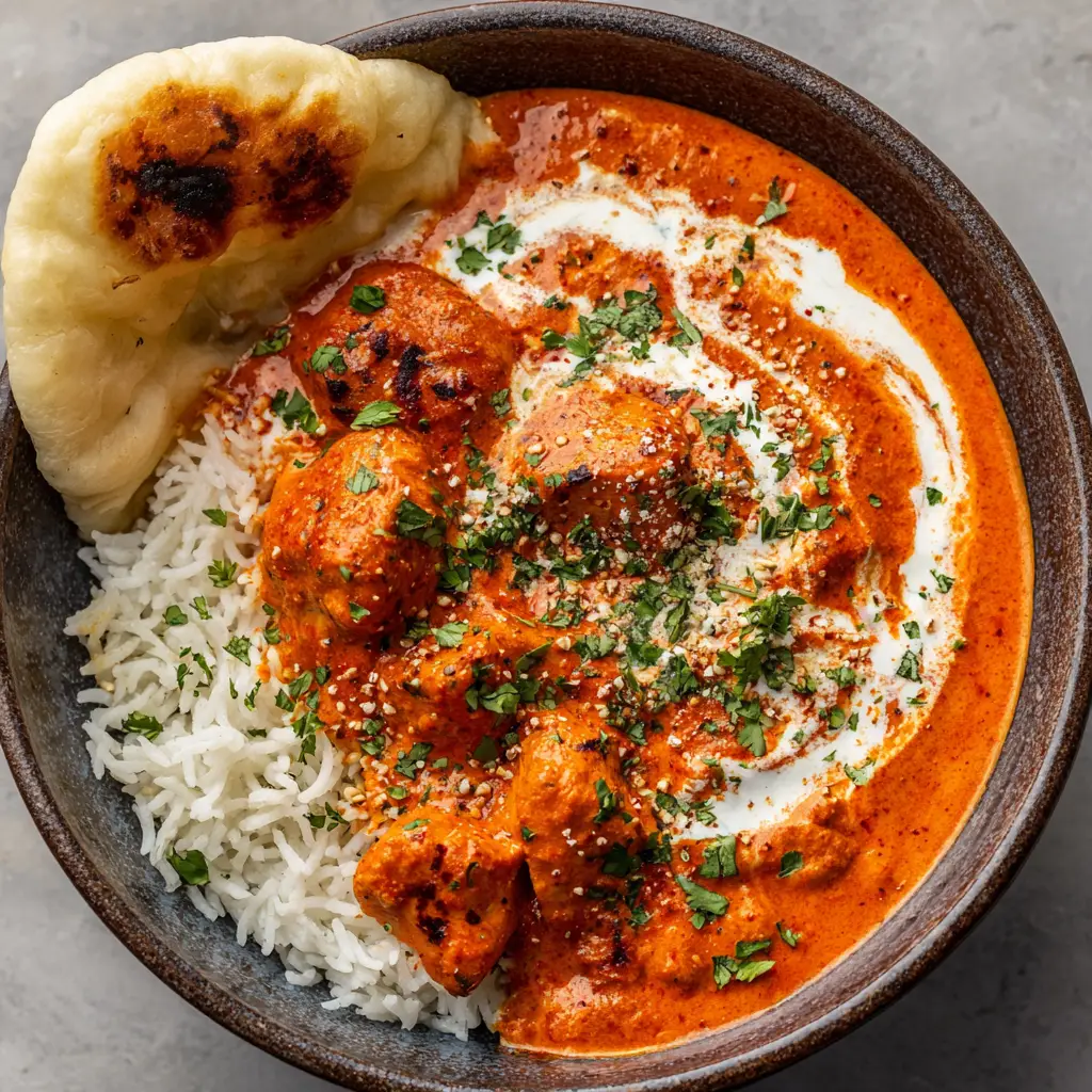 Close-up of fresh ingredients for Homemade Butter Chicken including raw chicken chunks, vibrant red tomato sauce, heavy cream, and dried fenugreek.