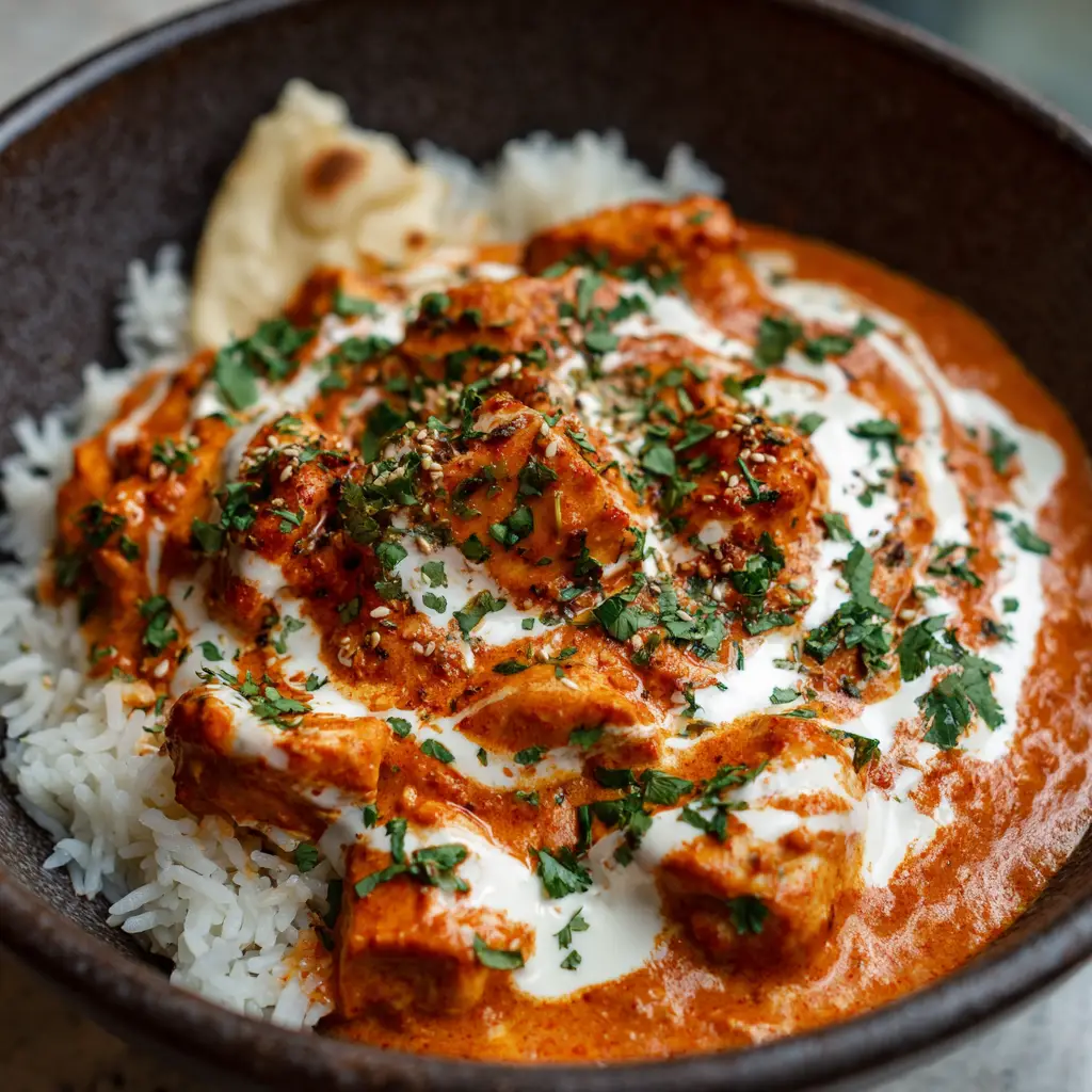 Slightly charred roasted chicken chunks simmering in a velvety, vibrant orange-red spiced tomato cream sauce.