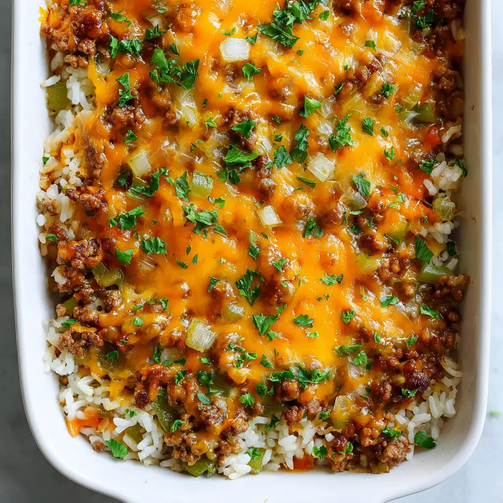 Fluffy cooked white long-grain rice, browned crumbly ground beef, and diced translucent onions being prepared for a casserole.