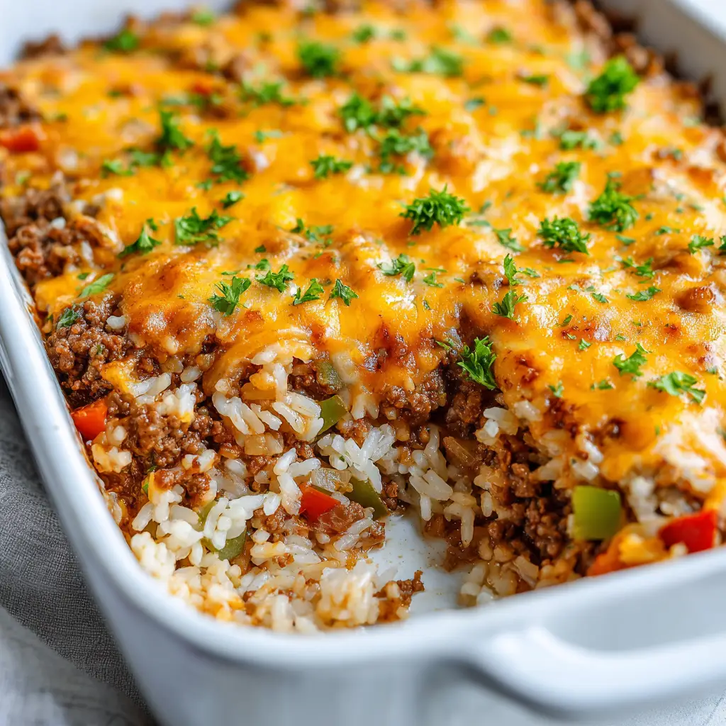 Melted bubbly orange cheddar cheese with slight golden-brown blistering at the edges covering a ground beef and rice casserole.
