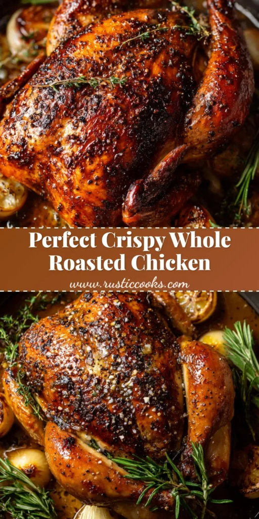 A spectacular whole roasted chicken with deeply golden-brown, crispy skin sitting in a dark metal roasting pan with rich drippings.