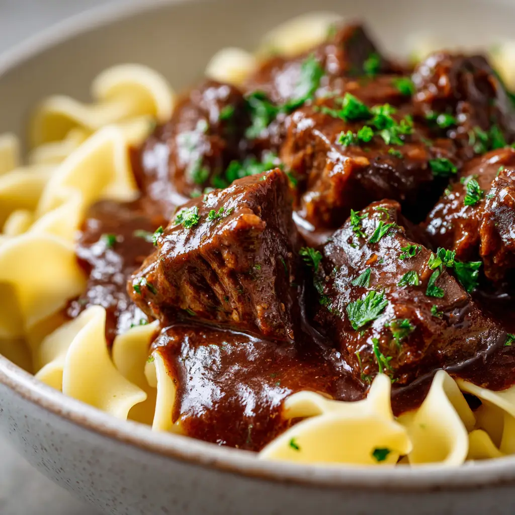 Deeply browned and succulent beef chunks coated in a glossy dark gravy before being served.