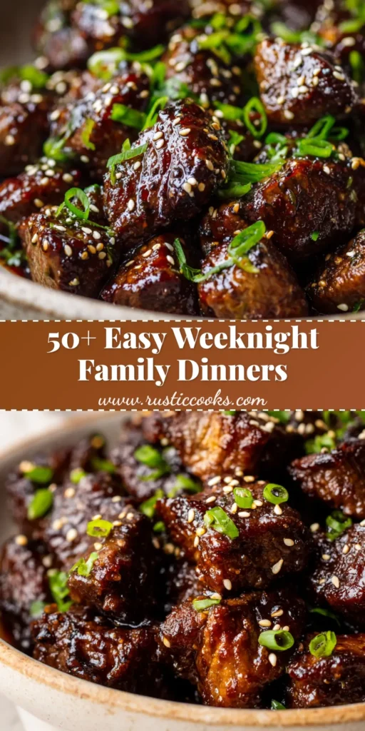 A rustic shallow bowl filled with pan-seared Asian steak bites coated in a dark glossy soy-garlic glaze, topped with sesame seeds and scallions. Perfect for easy weeknight dinners.
