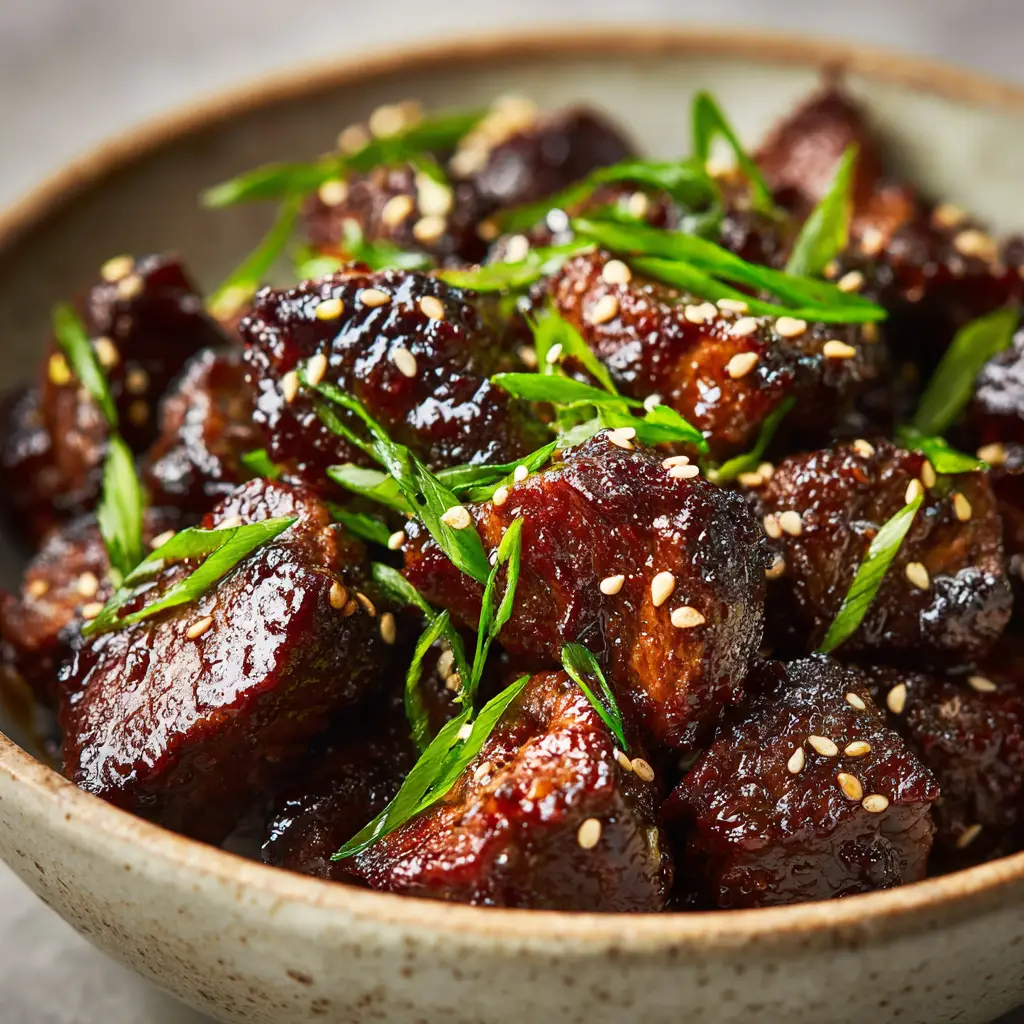Close-up of tender, pan-seared Asian steak bites sizzling in a thick, glossy, dark soy-garlic glaze with a caramelized crust.