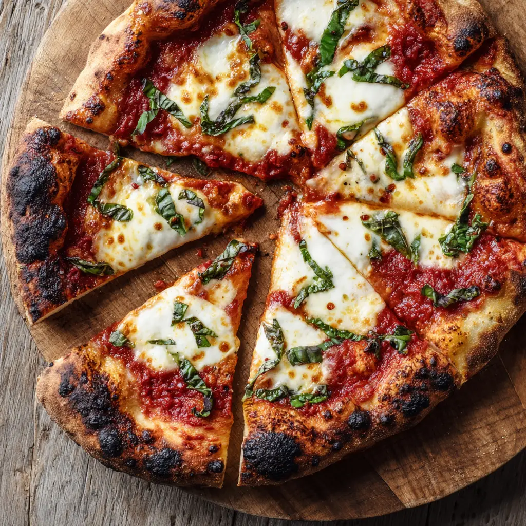 Close up shot showing melted, bubbling circular patches of fresh white mozzarella cheese over a thick layer of rich red tomato sauce on a sourdough pizza.