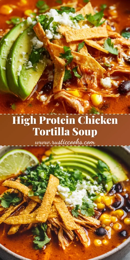 A rustic bowl of High Protein Chicken Tortilla Soup topped with crispy tortilla strips, fresh avocado, cotija cheese, and cilantro.