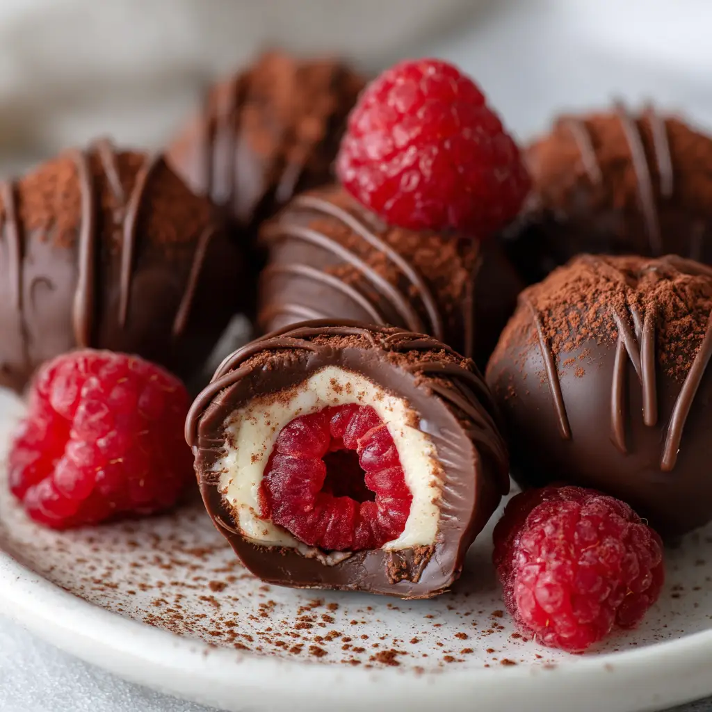 Fresh raspberries, dark chocolate bars, heavy cream, milk chocolate, and cocoa powder arranged for Chocolate Raspberry Truffles.