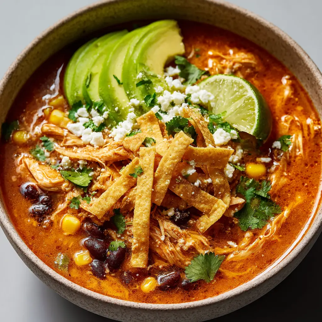 Simmering High Protein Chicken Tortilla Soup in a Dutch oven with shredded chicken, black beans, and corn.