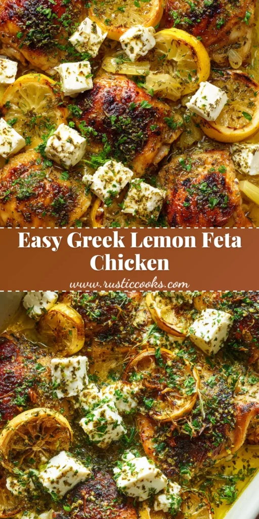 Overhead view of Greek Lemon Feta Chicken roasted in a white ceramic dish with crispy skin, large feta crumbles, caramelized lemons, and chopped parsley.