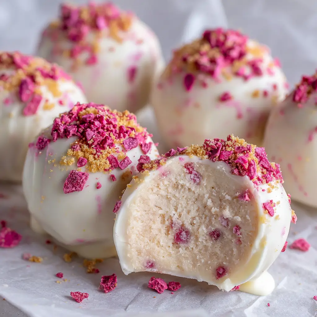 Perfectly spherical pale pink strawberry cheesecake truffle balls resting on white parchment paper before being dipped in white chocolate.