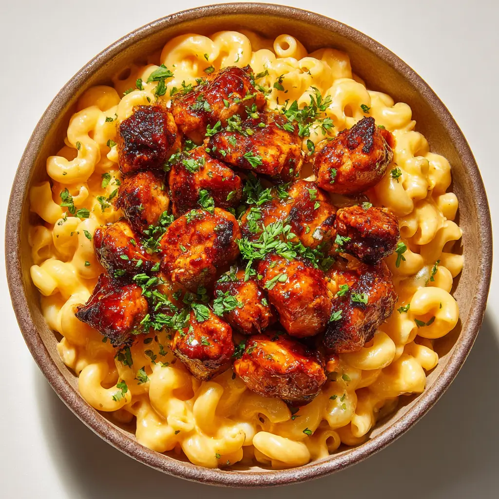 Close-up of bite-sized, pan-seared chicken chunks heavily coated in a thick, glossy mahogany-red honey BBQ sauce simmering in a cast-iron skillet.