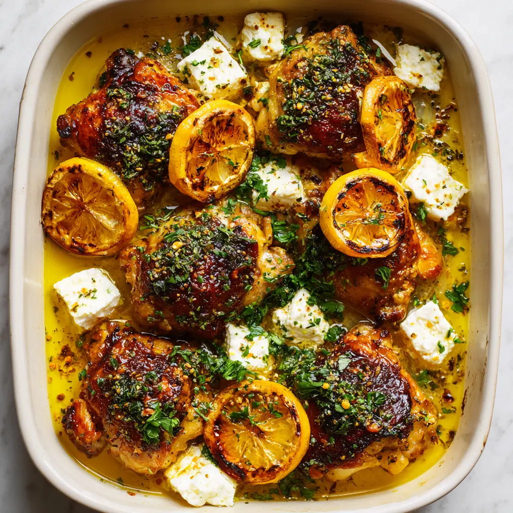 Close-up of golden-brown, blistered chicken thighs resting in translucent olive oil and lemon pan juices.