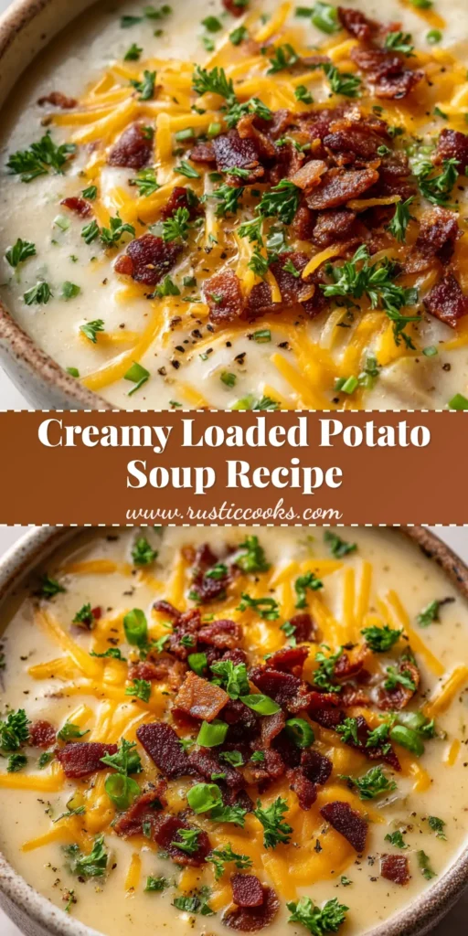 Pioneer Woman Potato Soup Recipe (Thick & Creamy) 4 A rustic ceramic bowl filled with thick, creamy Pioneer Woman Potato Soup, topped with melted sharp yellow cheddar, crispy bacon, and fresh scallions.