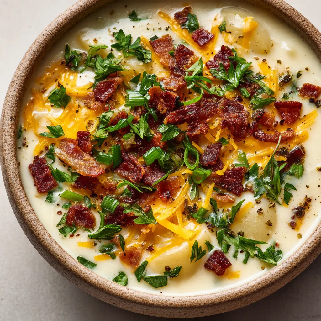Pioneer Woman Potato Soup Recipe (Thick & Creamy) 2 Close-up of fresh diced russet potatoes, thick-cut bacon, sharp yellow cheddar cheese, and bright green parsley for Pioneer Woman Potato Soup.