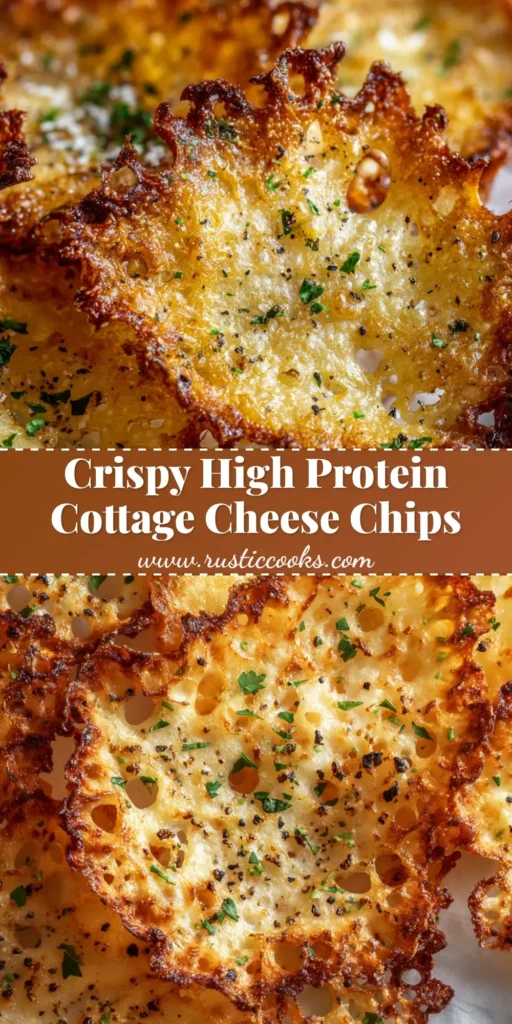 A close up shot of thin golden brown baked cottage cheese chips resting on white parchment paper on a metallic baking sheet, topped with black pepper and dried green parsley flakes.