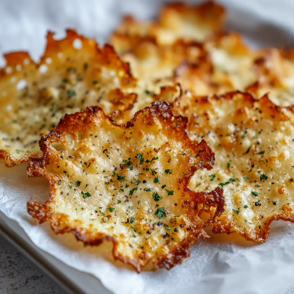 Baked cottage cheese chips with a bubbly lacy cheese texture and dark crispy browned edges on a metallic baking sheet.