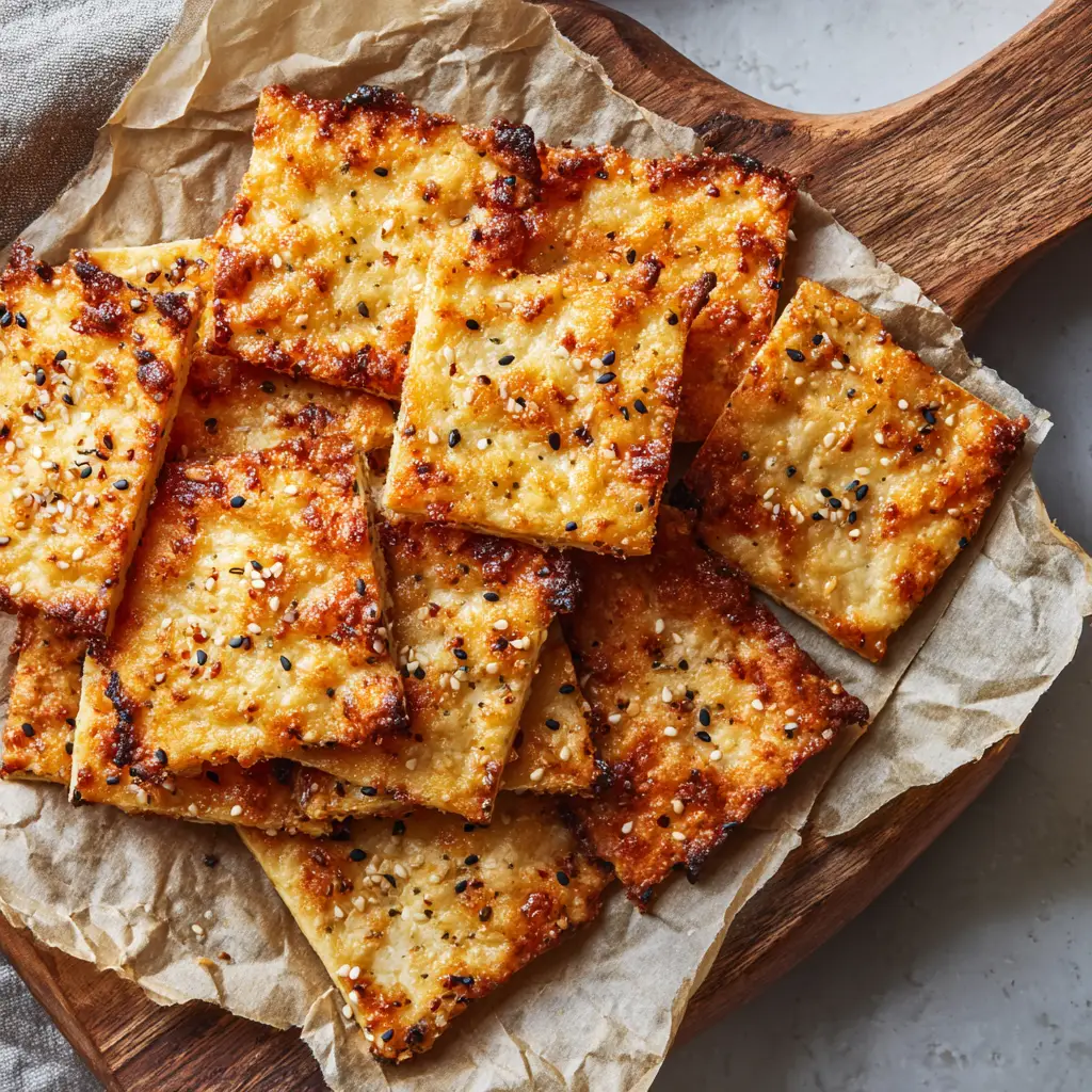 Close-up of crispy, golden-brown baked Keto Cottage Cheese Crackers neatly scored into squares on unbleached parchment paper.