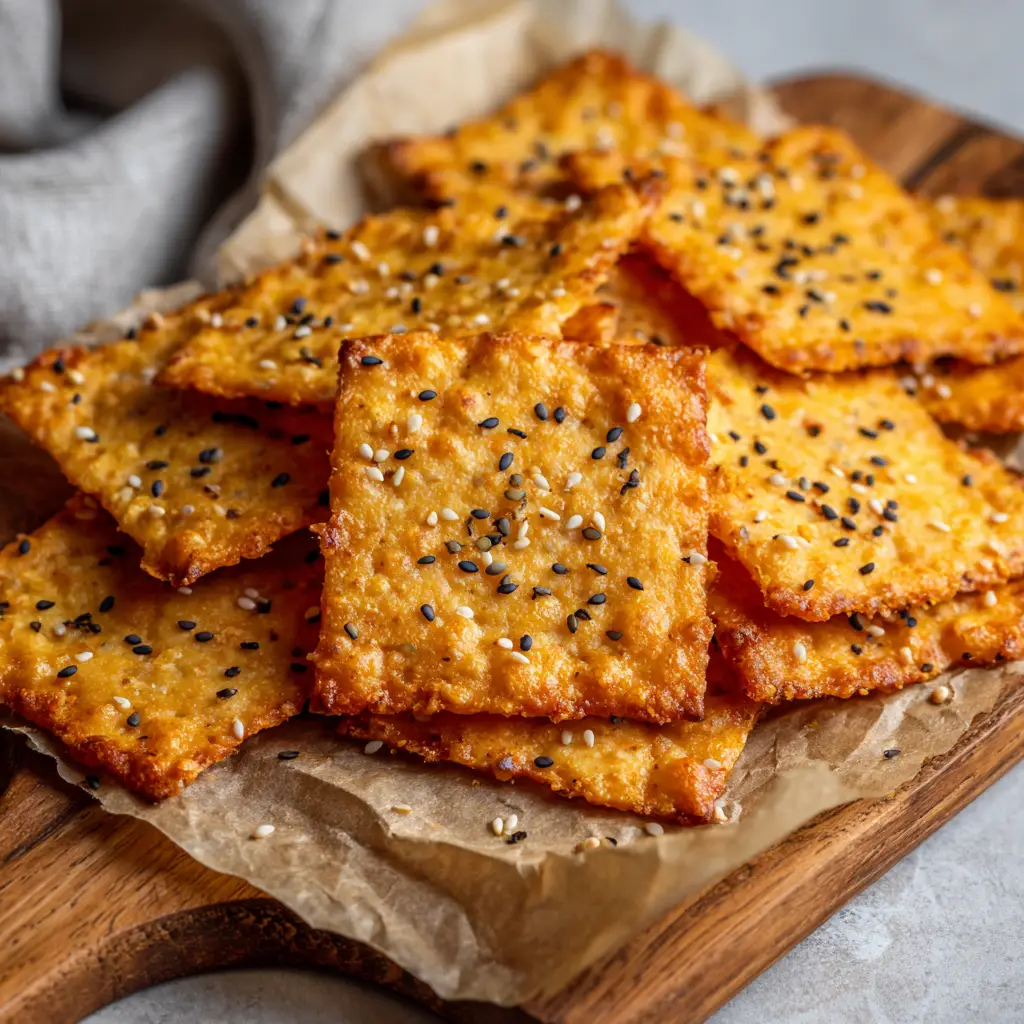 Slightly overlapping Keto Cottage Cheese Crackers featuring darkened toasted edges and toasted sesame seeds on a rustic wooden cutting board.