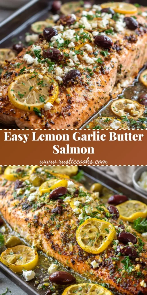 Perfectly Roasted Sheet Pan Salmon with Garlic Butter and Feta 4 A large roasted sheet pan salmon fillet with a charred crust, glistening garlic butter, caramelized lemons, olives, and crumbled feta cheese.