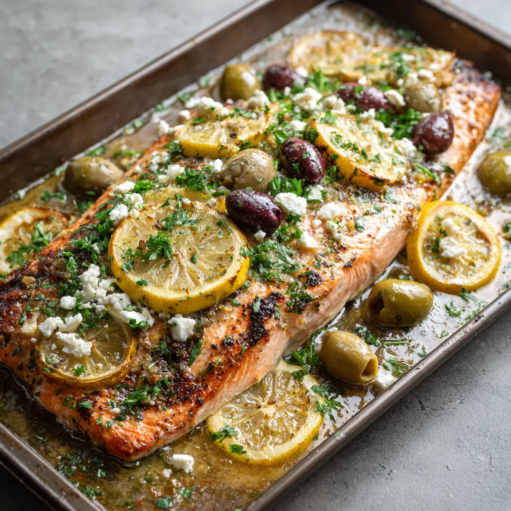 Perfectly Roasted Sheet Pan Salmon with Garlic Butter and Feta 1 Sizzling sheet pan salmon roasting in the oven on a dark metal baking pan with caramelized lemons and olives.