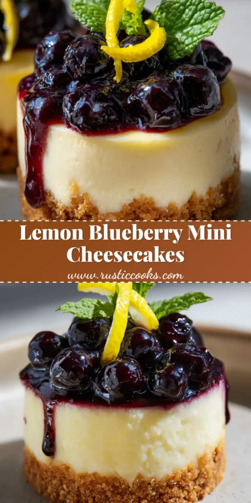 A close-up shot of an individual Lemon Blueberry Mini Cheesecake with a crumbly golden-brown crust, smooth pale yellow lemon filling, and vibrant bursting blueberry compote.