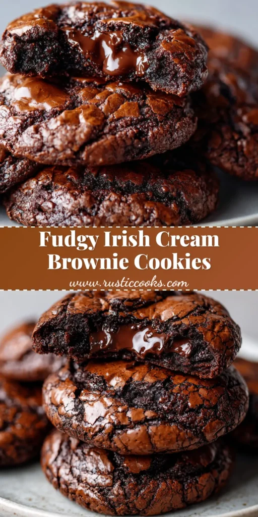 Fudgy Irish Cream Brownie Cookies 3 A stack of freshly baked Fudgy Irish Cream Brownie Cookies on a light grey ceramic plate with a glossy, deeply crackled crust.