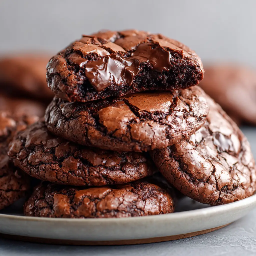 A close up shot showing a split open Irish Cream Brownie Cookie revealing a dense, glossy, underbaked gooey chocolate center with melted chocolate chips.