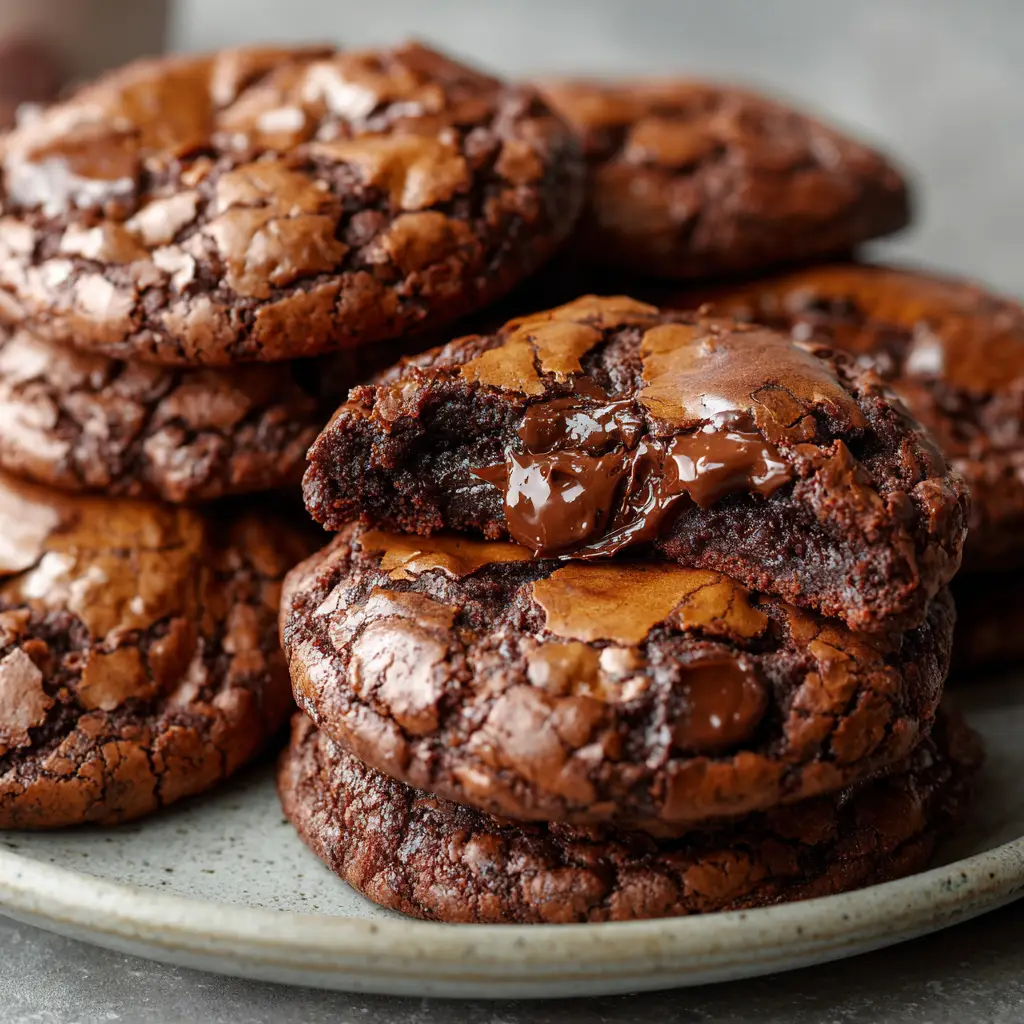 Fudgy Irish Cream Brownie Cookies 1 Close up of Irish Cream Brownie Cookies stacked on a light grey ceramic plate showing a deep dark brown hue and a crinkled crust.
