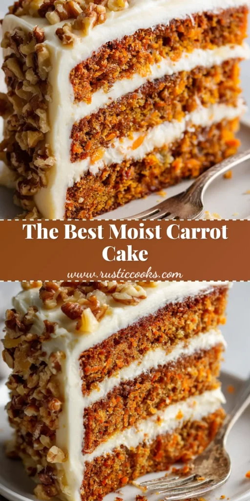 A close-up view of a thick slice of moist carrot cake recipe with three layers of orange-brown sponge, thick cream cheese frosting, and a toasted walnut garnish.